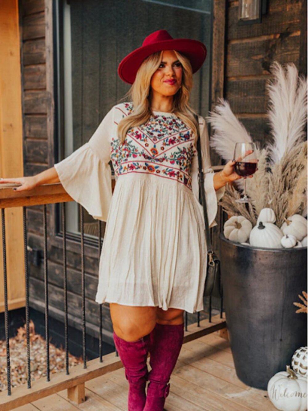 Umgee Floral Embroidered Balloon Sleeve Mini Dress in Natural 1X